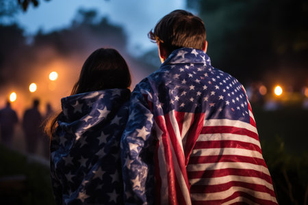 4th of july American Independence Day, a couple wrapped in a usa flag, sit together and watching on celebration with fireworksの素材