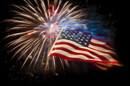 celebratory fireworks on background of american flag at usa independence day. 4th of july American Independence Dayの素材