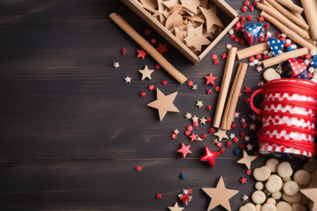 4th of July American Independence Day. Happy Independence Day. Red, blue and white star confetti, paper decorations on white background. Flat lay, top view, copy spaceの素材