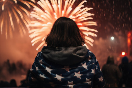 4th of july American Independence Day, a woman wrapped in a usa flag, watching on celebration with fireworksの素材