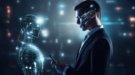 chatbot conversation. Person using online customer service with chat bot to get support. Artificial intelligence and CRM software automation technology. Virtual assistant on internetの素材