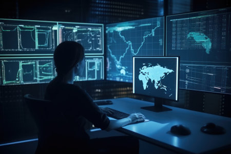 Data science and big data technology. Data scientist computing, analyzing and visualizing complex data set on computer. Data mining, artificial intelligence, machine learning, business analyticsの素材