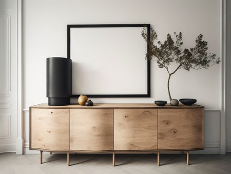 Mid century modern minimalist interior horizontal frame mockup in empty room with white wall, dresser, console, ceramic jug, dried herb, branches.の素材