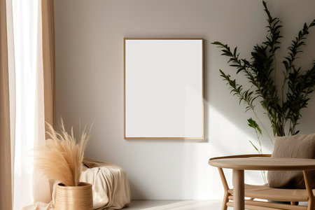 Warm neutral wabi sabi style minimalist interior mockup with poster frame with wooden dining table, chair, jute decoration, ceramic jug, plant, sunlight and shadow, against empty wall. 3d renderingの素材