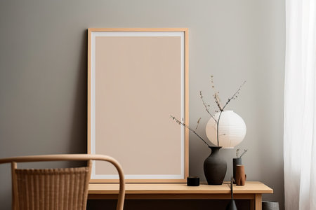 Warm neutral wabi sabi style minimalist interior mockup with poster frames, jute decoration, candles, ceramic jug, table, lamp, and dried herb, branches, against empty wall.の素材