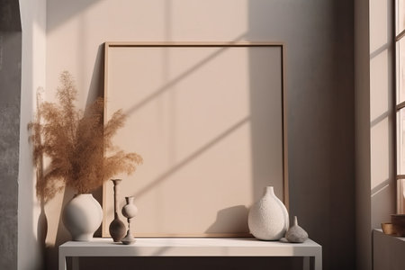 Warm neutral wabi sabi style minimalist interior mockup with poster frames, jute decoration, candles, ceramic jug, table, and dried plant, branches, against empty wall.の素材