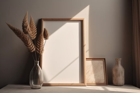 Warm neutral wabi sabi style minimalist interior mockup with poster frames, jute decoration, ceramic jug, glass vase, table, and dried plant, branches, against empty wall.の素材