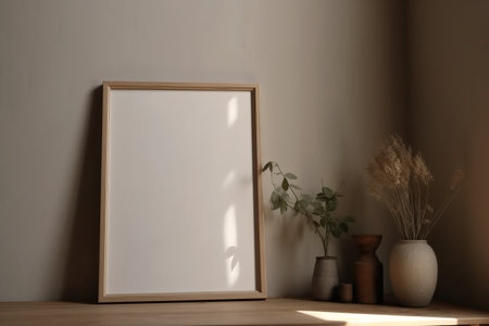 Warm neutral wabi sabi style minimalist interior mockup with poster frames, jute decoration, ceramic jug, table, and dried plant, branches, against empty wall.の素材