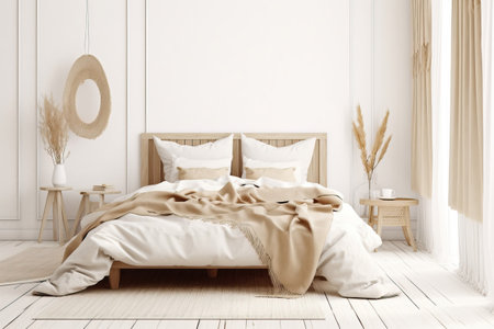 Bedroom interior mockup in boho style with fringed blanket, cushion with tassels, linen bedding, dried pampas grass, basket lamp and curtain on empty beige background. 3d rendering,の素材