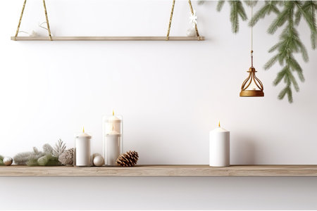 wooden frame mockup with hanging pine branch, pinecone and candles on shelf on empty white wall background. Minimal Christmas interior decoration. 3d renderingの素材
