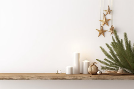 wooden frame mockup with hanging pine branch, pinecone and candles on shelf on empty white wall background. Minimal Christmas interior decoration. 3d renderingの素材