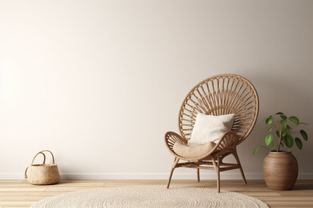 Empty wall mockup in warm neutral beige room interior with wicker armchair, palm plant in woven basket, boho style decoration and free space, 3d renderingの素材