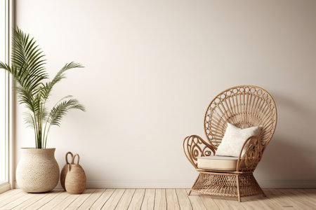 Empty wall mockup in warm neutral beige room interior with wicker armchair, palm plant in woven basket, boho style decoration and free space, 3d renderingの素材