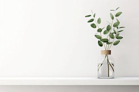 Interior wall mockup with green eucalyptus branch in bottle standing on the shelf on empty white background with free space. 3D renderingの素材