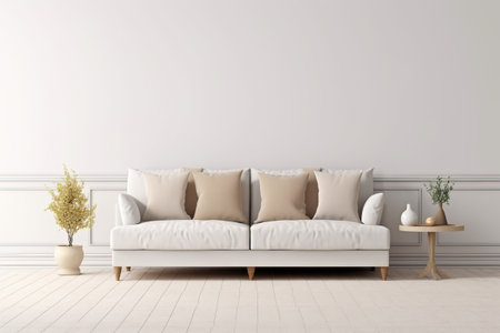 Interior mockup with white sofa, beige pillows and traditional decoration on empty living room wall background. 3D renderingの素材
