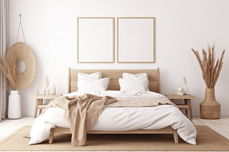Vertical frame mockup in boho bedroom interior with wooden bed, beige fringed blanket, cushion with tassels, dried pampas grass and wicker lamp on white wall background. 3d renderingの素材