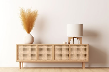 Interior wall mockup in minimalist Japandi style with light biege wooden console, dried pampas grass and wicker basket lamp on empty warm white background. Close up view, 3d renderingの素材