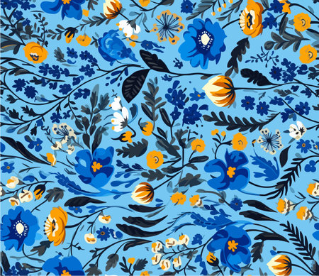 Cute colorful hand drawn vintage artistic flowers print. Modern cartoon style pattern. Fashionable template for design. Floral pattern with blue flowers in the folklore styleのイラスト素材