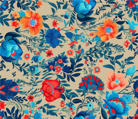 Cute colorful hand drawn vintage artistic flowers print. Modern cartoon style pattern. Fashionable template for design. Floral pattern with blue flowers in the folklore styleのイラスト素材