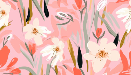 Hand drawn cute pink artistic flowers print. Modern botanical pattern. fashionable template for designのイラスト素材