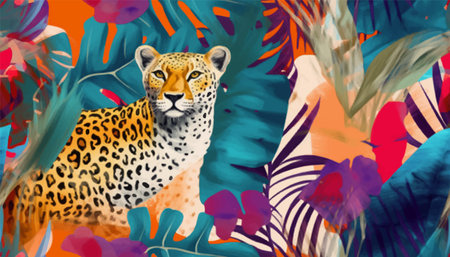 Creative contemporary petern with leopard and tropical plants. fashionable template for designのイラスト素材