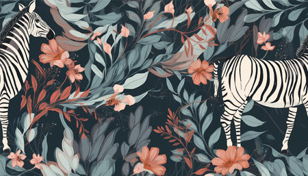 Abstract floral pattern with zebras. Trendy collage contemporary seamless pattern. natural colors. fashionable template for designのイラスト素材