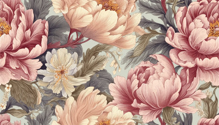 Seamless boho floral pattern with pink peony flowers. retro collage pattern. Contemporary print for wedding stationary, greetings, wallpapers, fashion, backgrounds, textures, DIY, wrappers, cardsの写真素材