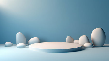 A beautiful blue background for presentations with a podium and masonry round stones in a soothing color schemeの素材
