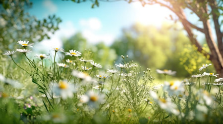 Beautiful blurred spring background nature with blooming glade chamomile, trees and blue sky on a sunny dayの素材