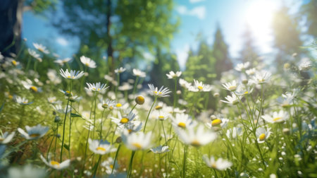 Beautiful blurred spring background nature with blooming glade chamomile, trees and blue sky on a sunny dayの素材