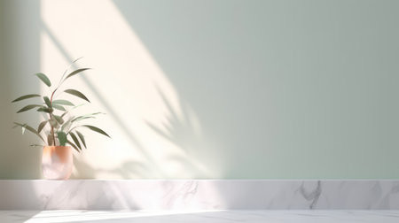 Minimalistic light background with blurred foliage shadow on a light wall. Beautiful background for presentation with marble floorの素材