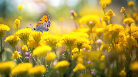 Cheerful buoyant spring summer shot of yellow Santolina flowers and butterflies in meadow in nature outdoors on bright sunny day, macro. soft selective focusの素材