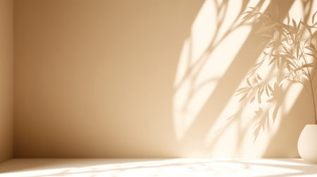 Minimalistic abstract gentle light beige background for product presentation with light and and intricate shadow from the window and vegetation on wallの素材