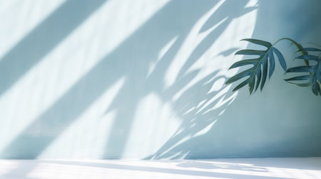 Minimal abstract light blue background for product presentation. Shadow of tropical leaves and curtains window on plaster wallの素材