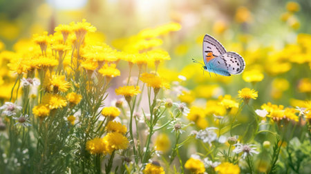 Cheerful buoyant spring summer shot of yellow Santolina flowers and butterflies in meadow in nature outdoors on bright sunny day, macro. soft selective focusの素材