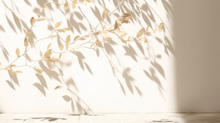 Minimalistic light background with blurred foliage shadow on a white wall. Beautiful background for presentation with smooth floorの素材
