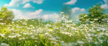Beautiful blurred spring background nature with blooming glade chamomile, trees and blue sky on a sunny dayの素材