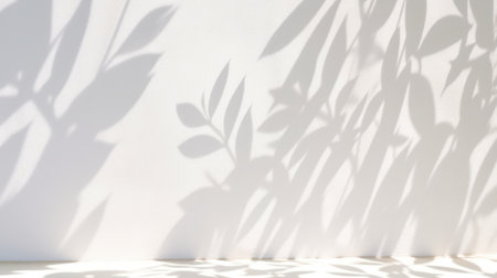 Minimalistic light background with blurred foliage shadow and plant on a light wall. beautiful background for presentationの素材