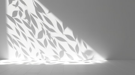 Minimalistic light background with blurred foliage shadow on a white wall. Beautiful background for presentation with smooth floorの素材