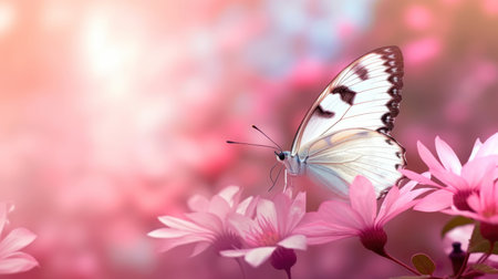 Delicately pink romantic natural floral background with a white butterfly on flower in soft daylight with beautiful bokeh and pastel colors, close up macroの素材