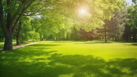 Beautiful warm summer widescreen natural landscape of park with a glade of fresh grass lit by sunの素材