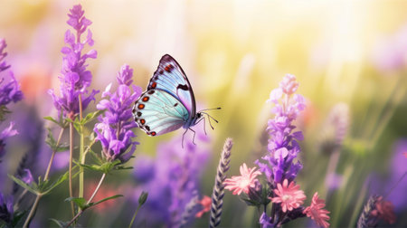 Purple butterfly on lavender fields grass in rays of sunlight, macro. Spring summer fresh artistic image of beauty morning nature. selective soft focusの素材