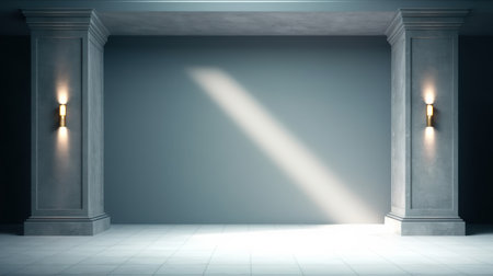 Beautiful gray-blue empty wall with columns with lateral lighting. Minimalistic background for product presentationの素材