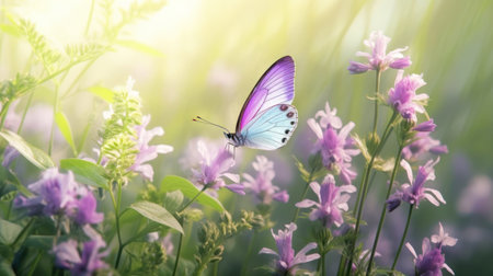 Purple butterfly on wild white violet flowers in grass in rays of sunlight, macro. Spring summer fresh artistic image of beauty morning nature. selective soft focusの素材