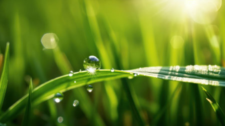 A beautiful large drop of morning dew in the grass sparkles in the rays of sunlight outdoors in nature. A drop of water on a blade of grass and free space for textの素材