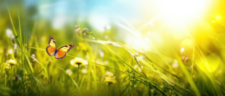 Beautiful colorful natural spring summer background with grass and a fluttering butterfly on a bright sunny day, soft focus, panoramic viewの素材