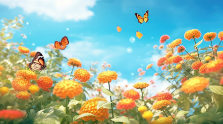 Bright colorful summer spring flower border. Natural landscape with many orange lantana flowers and fluttering butterflies Lycaena phlaeas against blue sky on sunny dayの素材