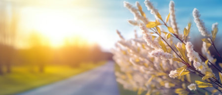 Defocused spring landscape. Beautiful nature with flowering willow branches and rural road against blue sky and bright sunlight, soft focus. Ultra wide formatの素材