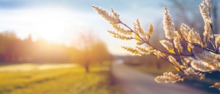 Defocused spring landscape. Beautiful nature with flowering willow branches and rural road against blue sky and bright sunlight, soft focus. Ultra wide formatの素材
