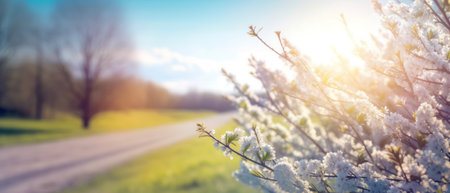 Defocused spring landscape. Beautiful nature with flowering willow branches and rural road against blue sky and bright sunlight, soft focus. Ultra wide formatの素材